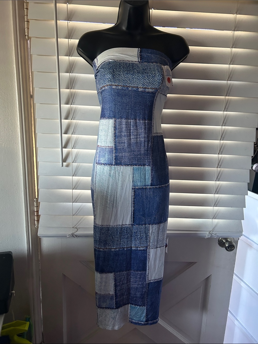 Strapless Patchwork Denim-Print Midi Dress - Blue